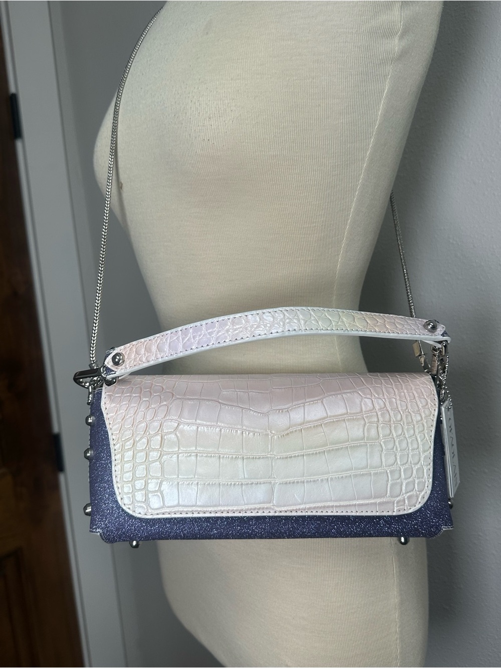 Custom Kelli - Iridescent White Genuine Alligator Shoulder Bag with Purple Base